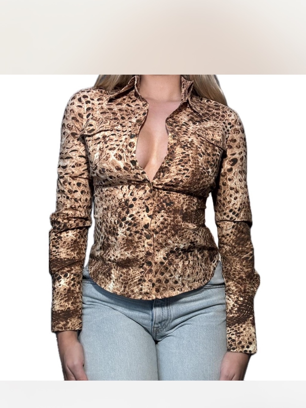 BEBE animal print button up top